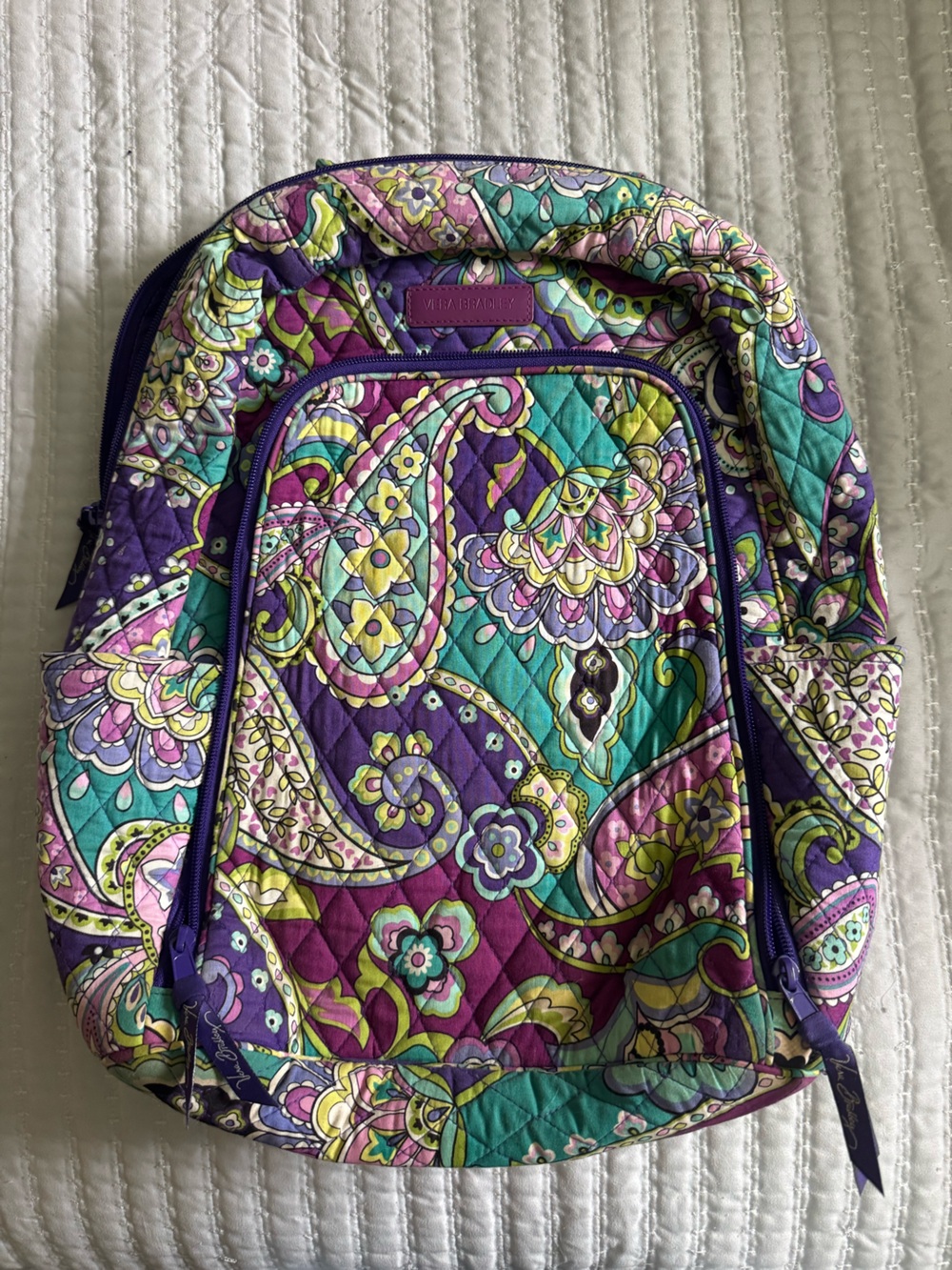 Vera Bradley Purple Paisley Quilted Backpack with Teal & Pink Accents